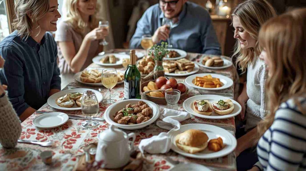 A beautiful bjudlunch spread with make-ahead grain salads, roasted vegetables, and fresh herbs on a wooden table.