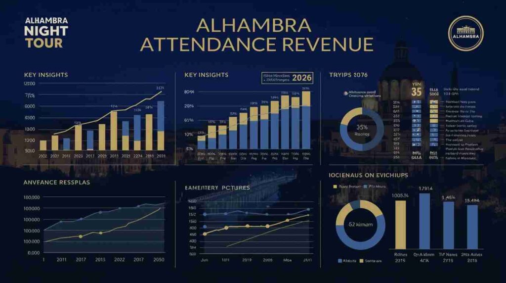 Alhambra Night Tour Attendance Revenue: Key Insights 2026 Tourists walking through illuminated Alhambra palace courtyards at night in Granada Spain