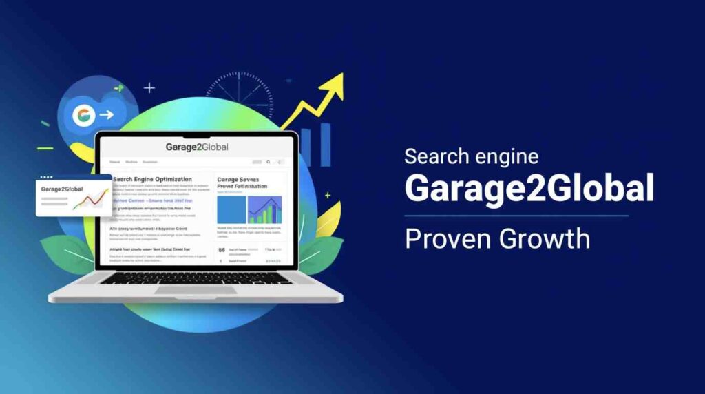 Search Engine Optimization by Garage2Global Proven Growth!! Search engine optimization by Garage2Global proven growth strategy chart on laptop screen